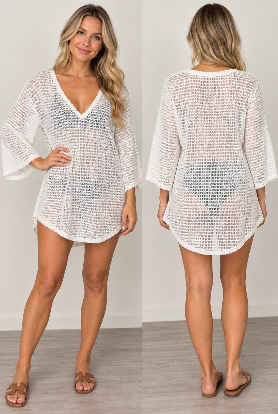 Jordan Taylor White Crochet Knit Beach Cover Up Tunic V-Neck Boho Size S